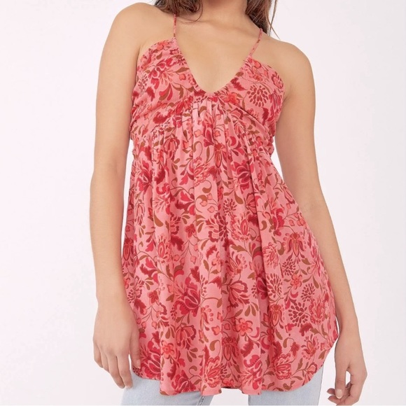 Free People pixie printed tunic pink floral combo with crisscross back - Picture 1 of 4